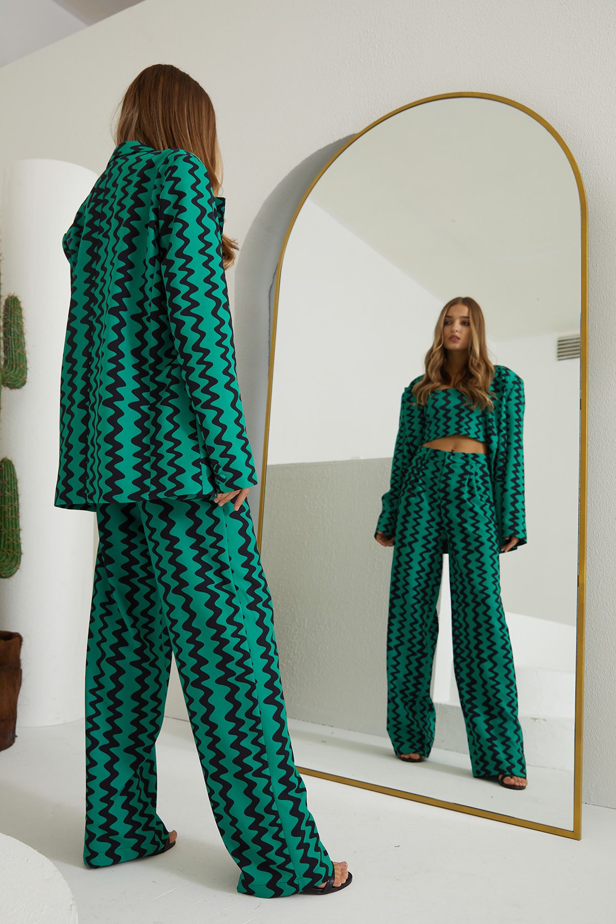 Desenli Üçlü Pantolon Takım-Yeşil