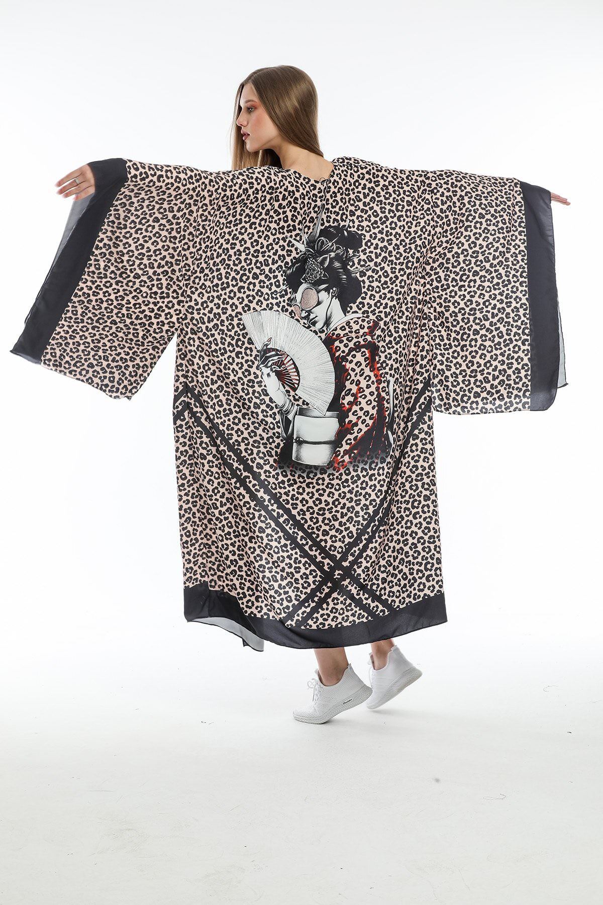 Kimonolu Kadın Japon Yelpaze  Dizayn Siyah/Bej/Gri Özel Tasarım Kimono-Siyah/Bej