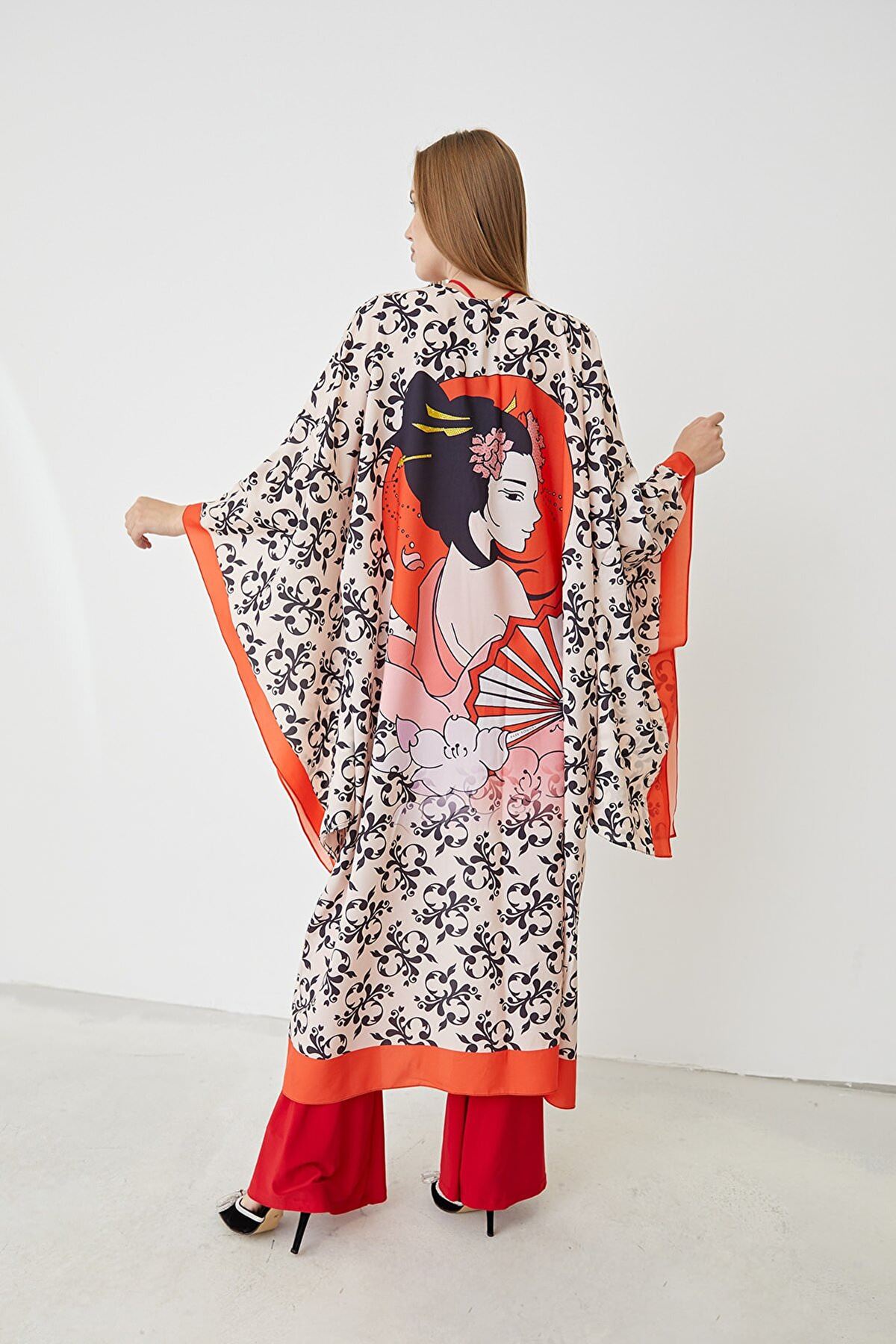 Japon Yelpazeli Kadın Kırmızı Güneş Dizayn Siyah/Bej/Kırmızı Kimono-Siyah / Bej / Kırmızı
