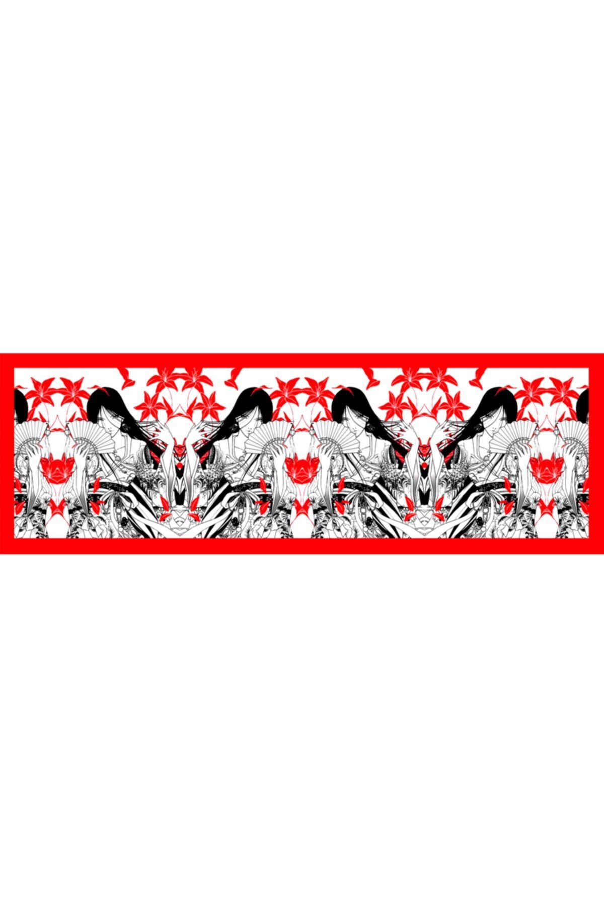Kırmızı Beyaz Zemin Üzerine Japon Kadın Baskılı pareo-Kırmızı / Beyaz