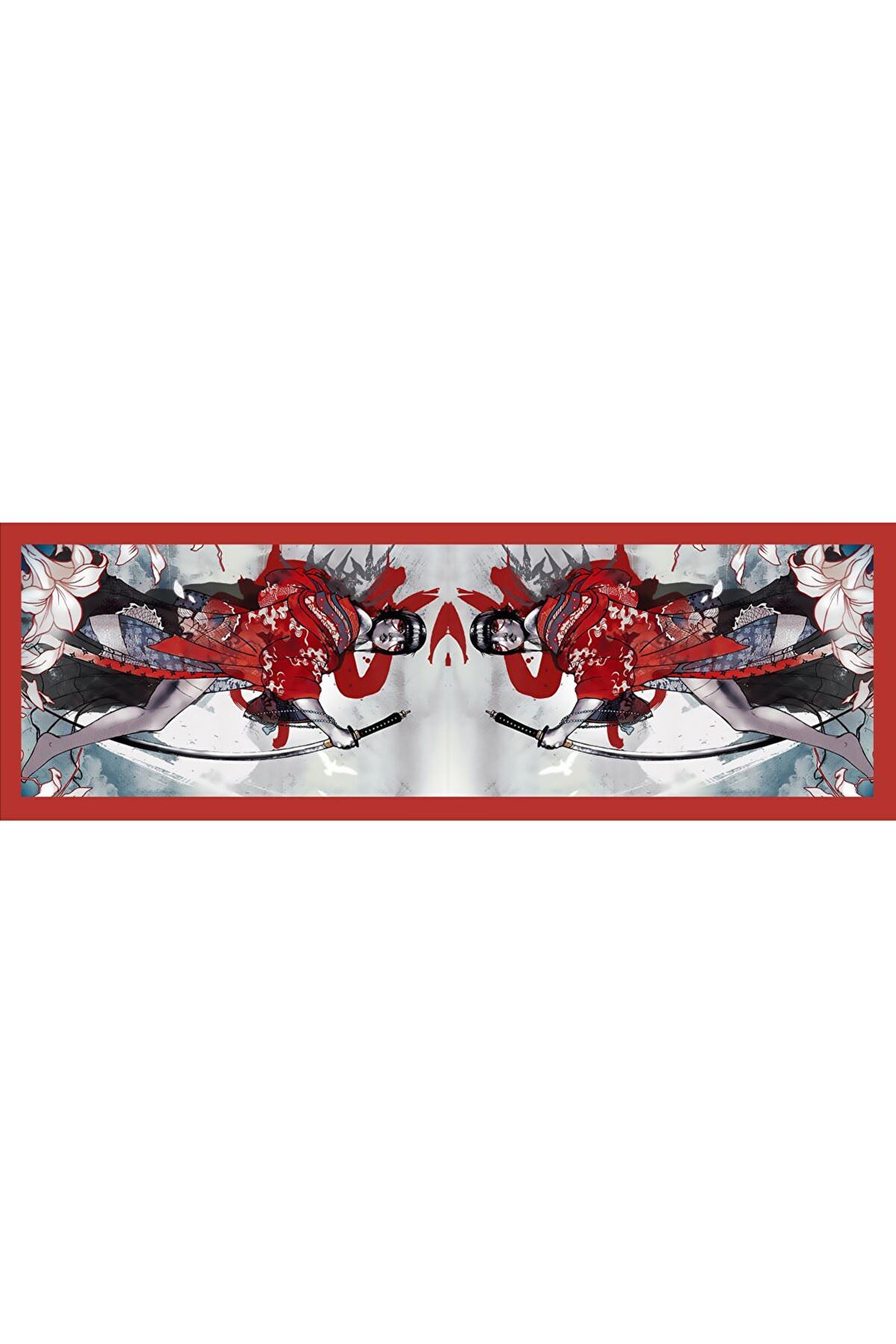Kılıçlı Kırmızı Japon Kadın Desenli Pareo-Kırmızı / Gri / Bej