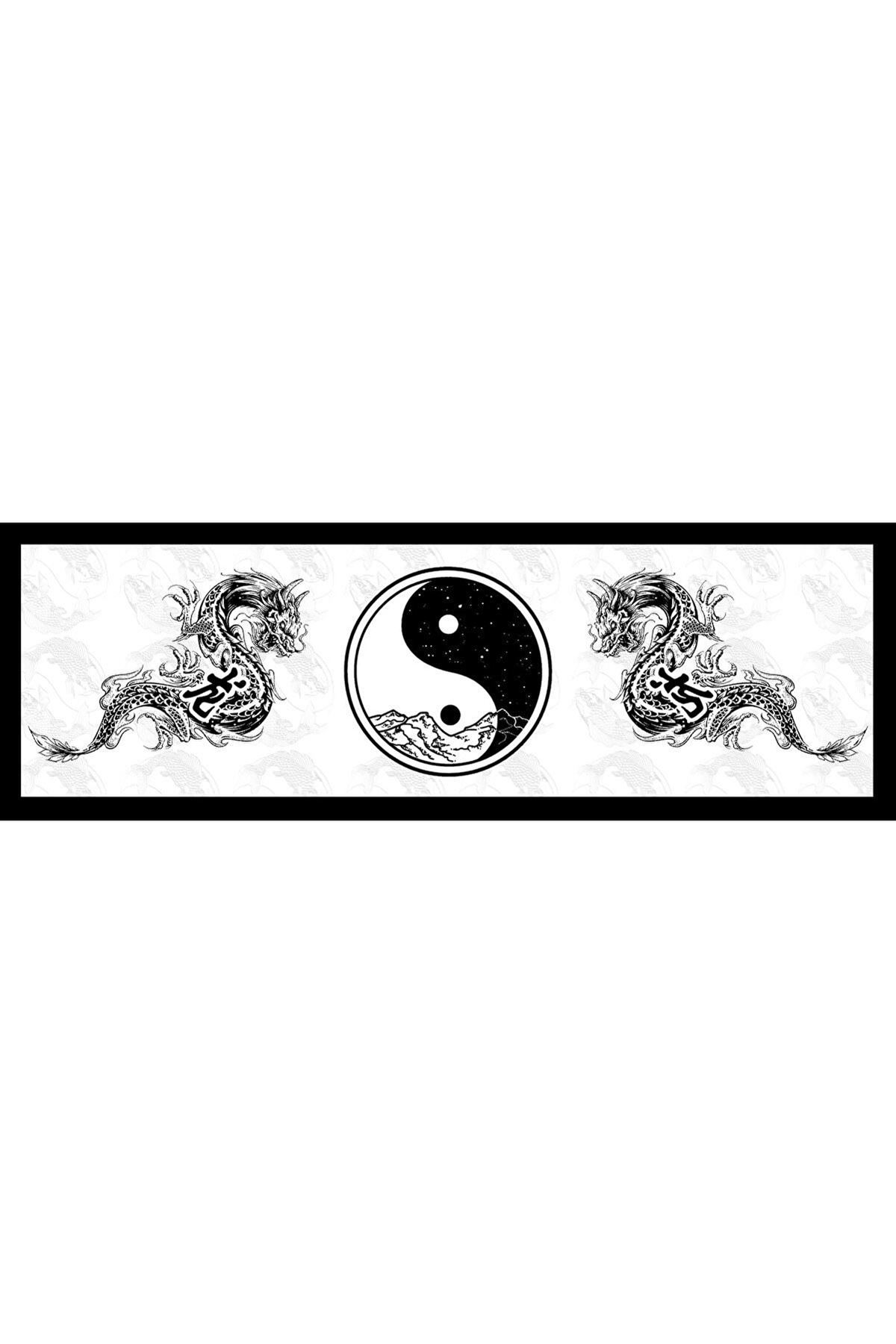 Siyah Beyaz Ejderha ve Ying Yang Desenli Pareo-Siyah / Beyaz