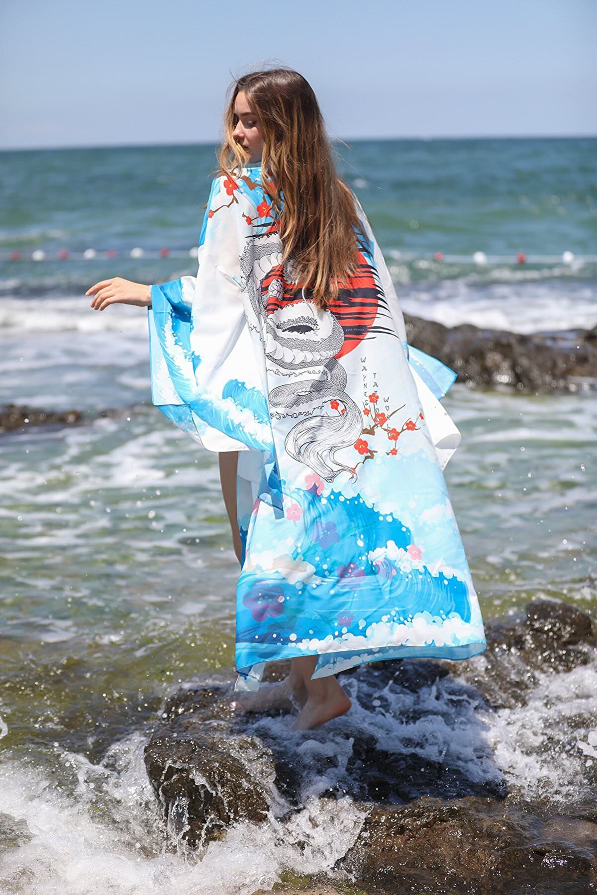 Dijital Baskılı Mavi/Beyaz Ejderha Baskılı  Özel Tasarım Kimono-Mavi - Beyaz