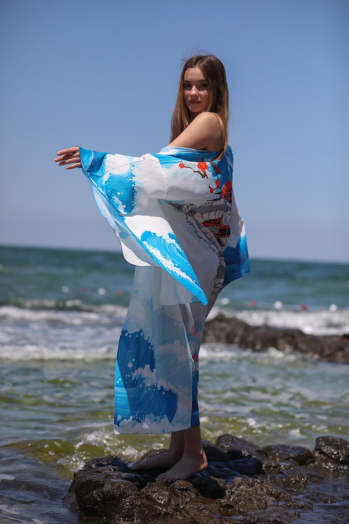 Dijital Baskılı Mavi/Beyaz Ejderha Baskılı  Özel Tasarım Kimono-Mavi - Beyaz