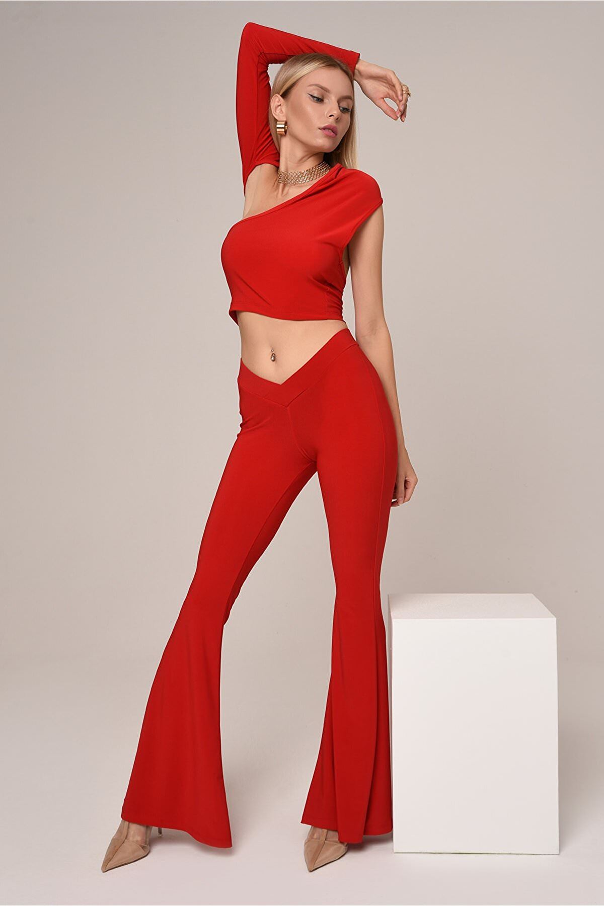 Özel Tasarım İspanyol Paça Pantolon-Kırmızı