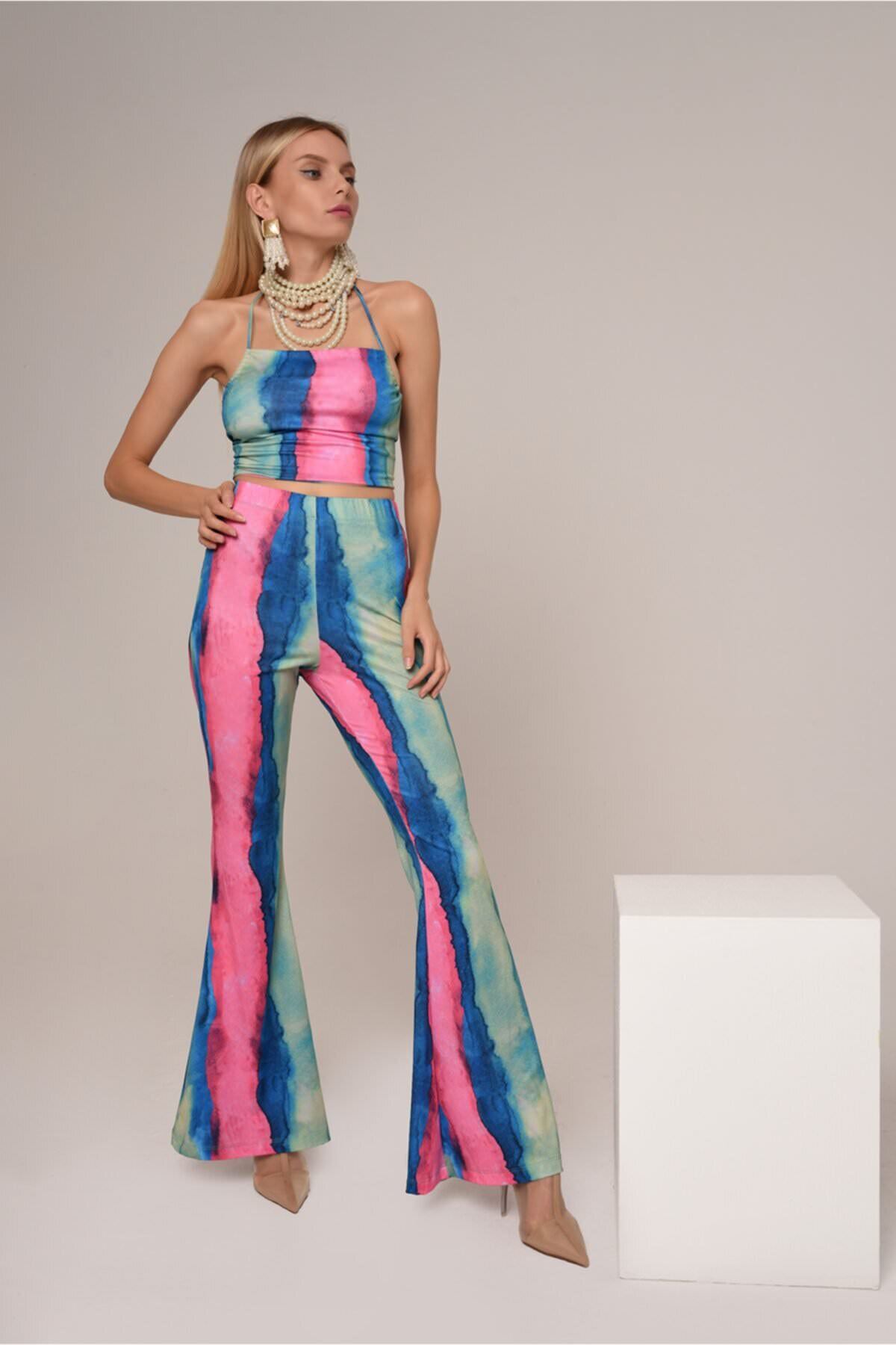 Özel Tasarım Renkli Dijital Baskılı İspanyol Paça Pantolon Crop Takım-Mavi / Fuşya