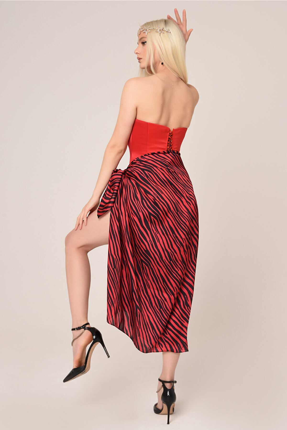 Bralet Zebra Desen Etekli Özel Tasarım Elbise-Kırmızı