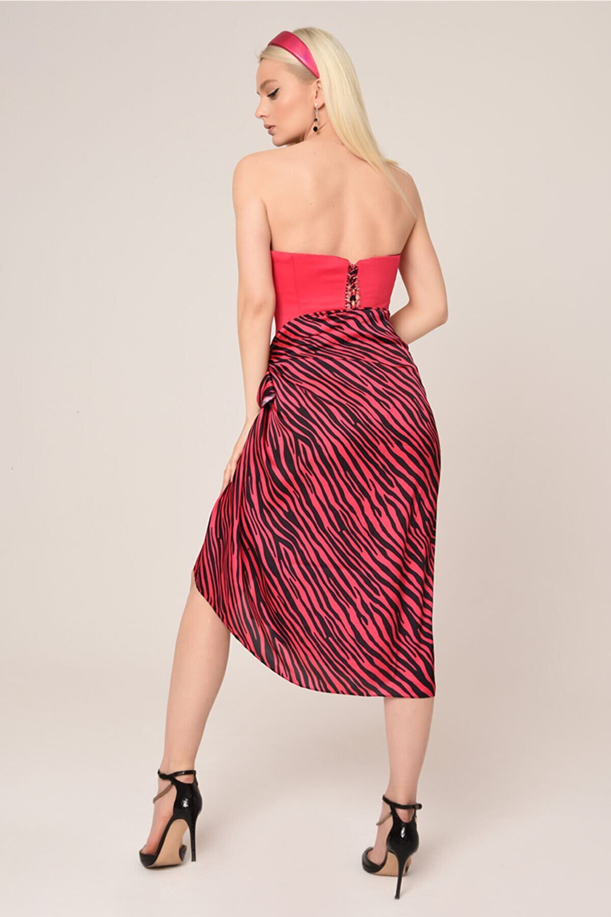 Bralet Zebra Desen Etekli Özel Tasarım Elbise-Fuşya