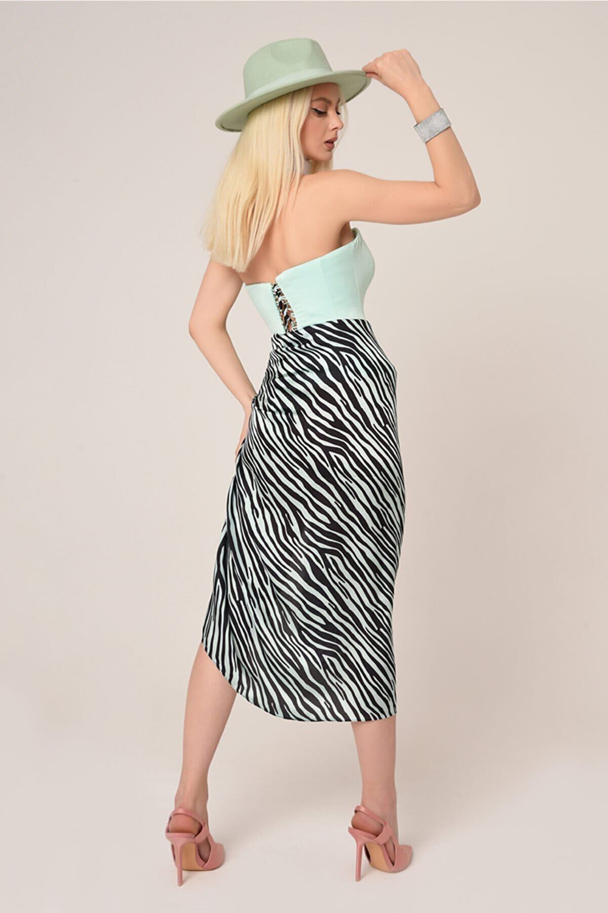 Bralet Zebra Desen Etekli Özel Tasarım Elbise-Mint