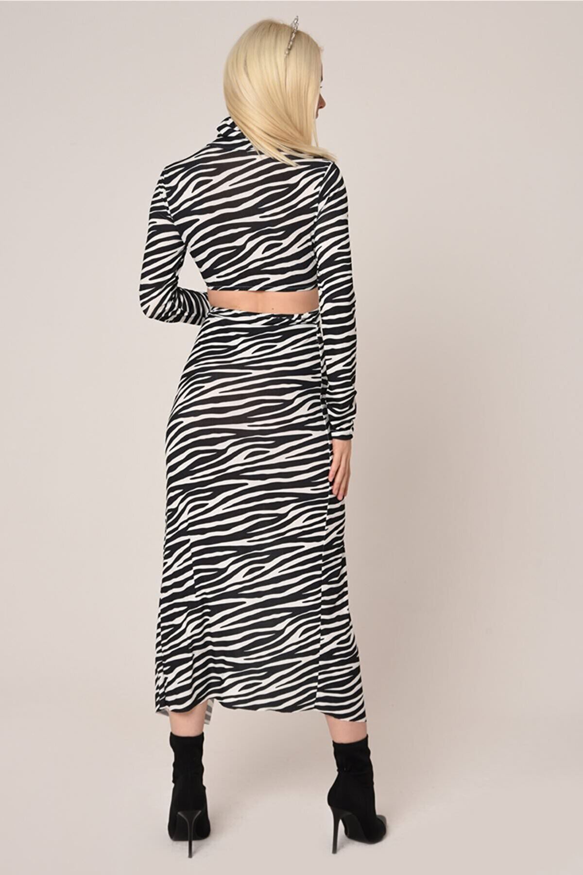 Uzun Kollu Zebra Desen Derin Yırtmaçlı Sırt Dekolteli Elbise-Siyah / Beyaz