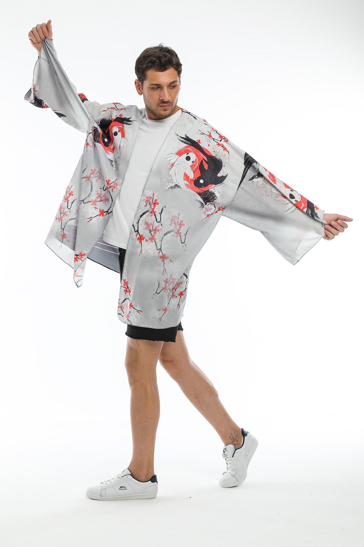 Balık Figürlü Erkek Kimono-Beyaz