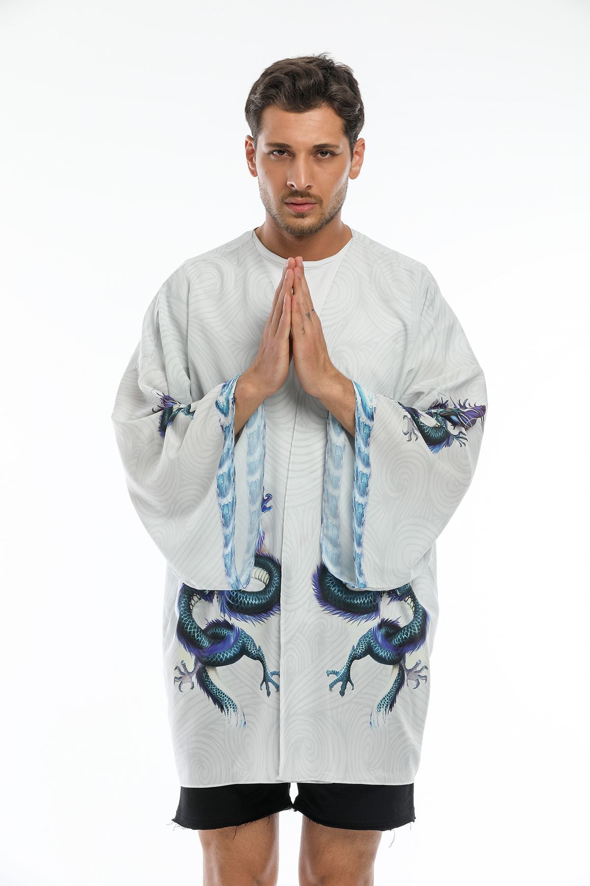Ejderha Figürlü Erkek Kimono-Beyaz