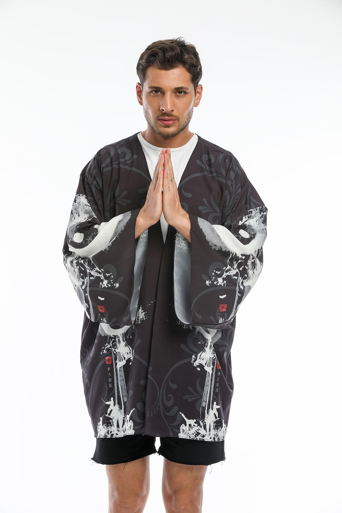 Ying Yang Baskılı Erkek Kimono-Siyah