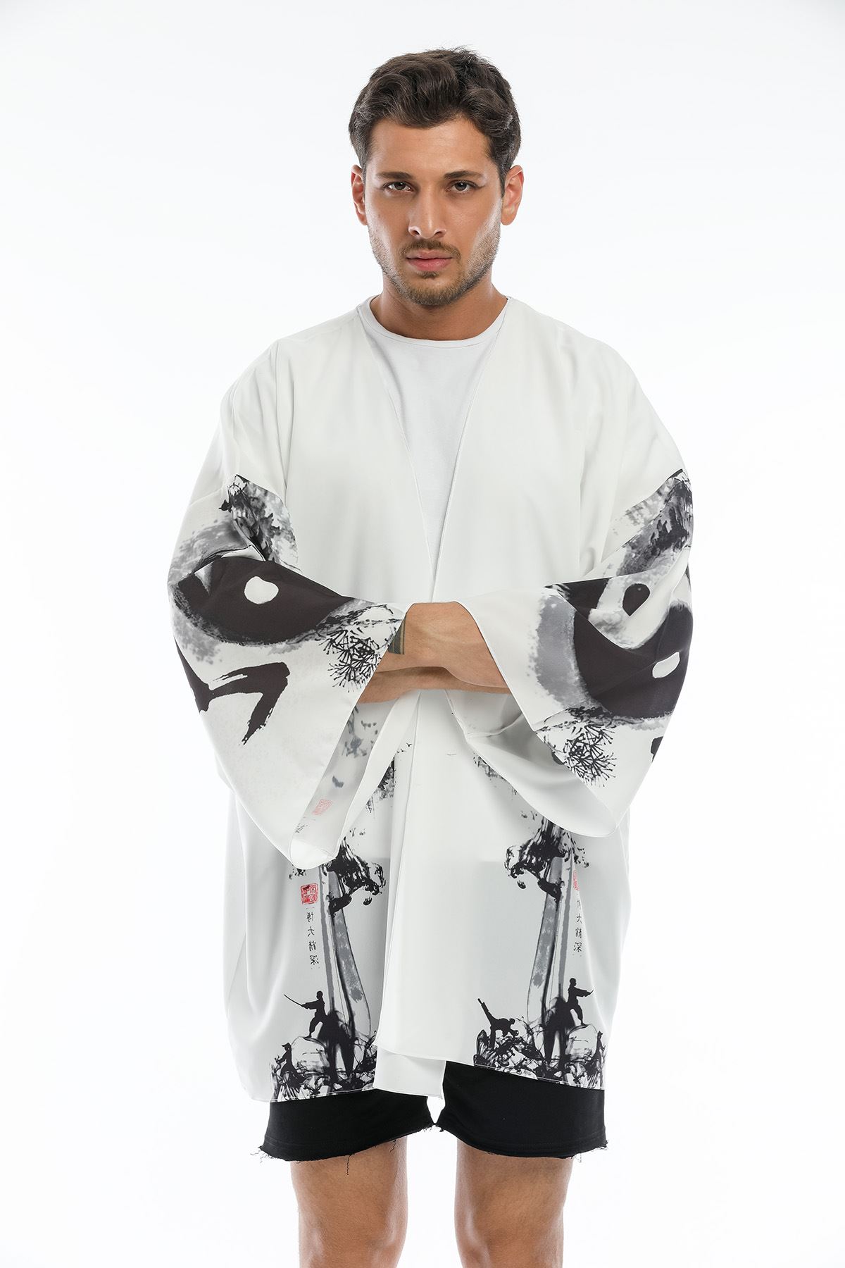 Ying Yang Baskılı Erkek Kimono-Beyaz