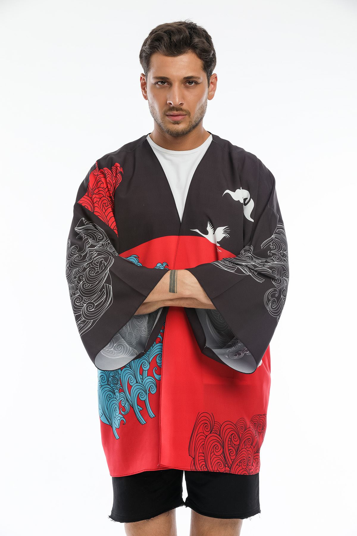 Kuş Figürü Baskılı Erkek Kimono-Siyah