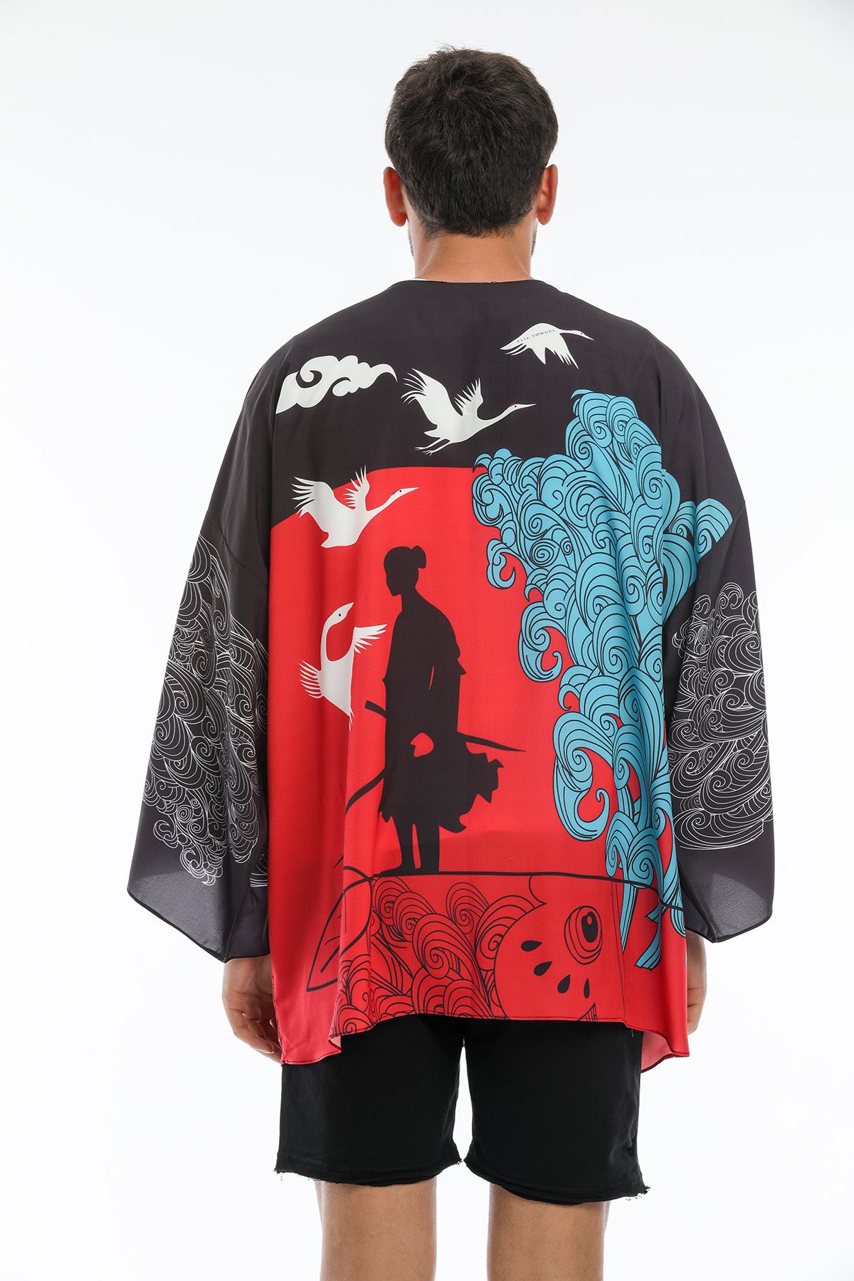 Kuş Figürü Baskılı Erkek Kimono-Siyah