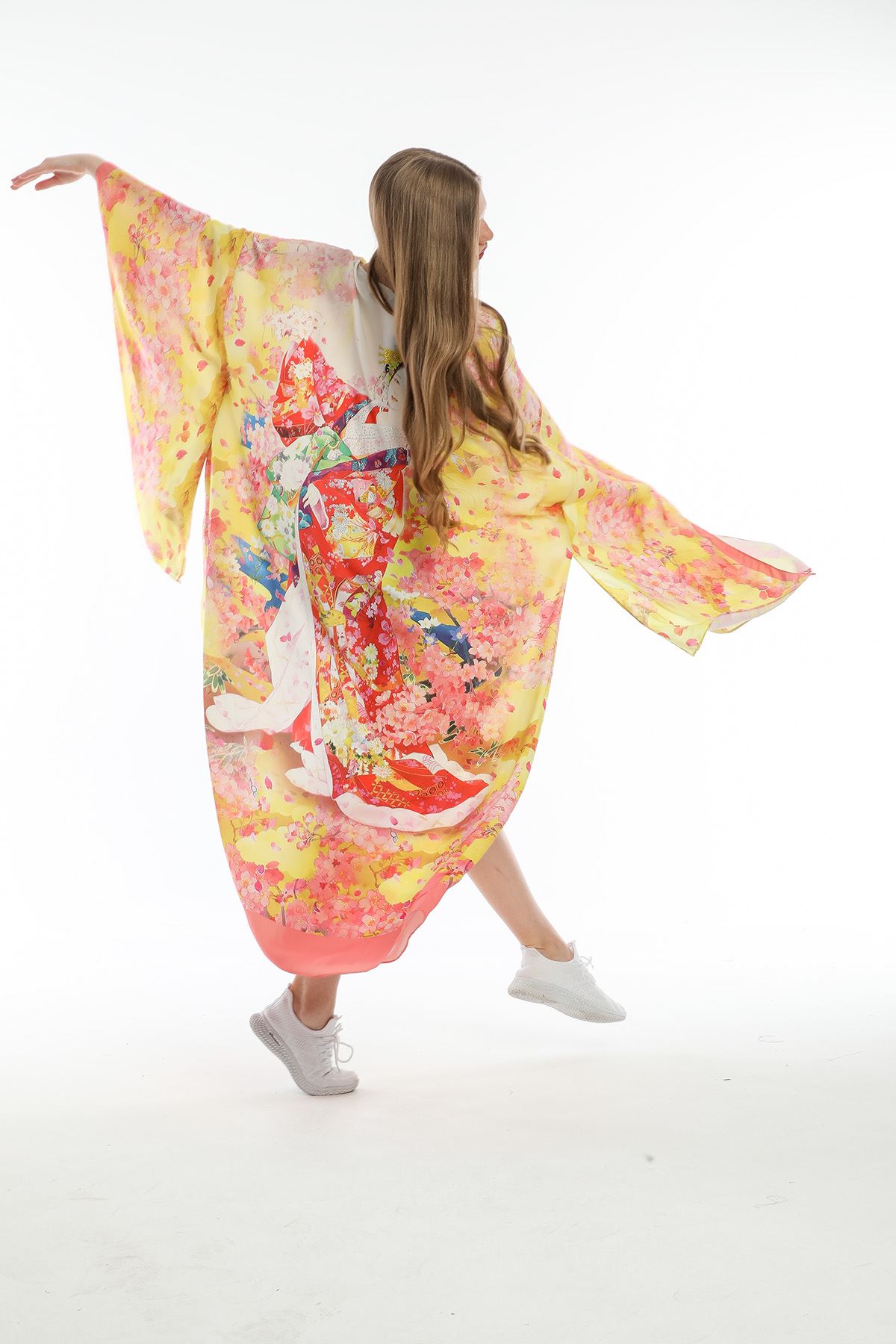 Kimono JAPON ÇİÇEĞİ KADINI BASKILI DİJİTAL DESEN 