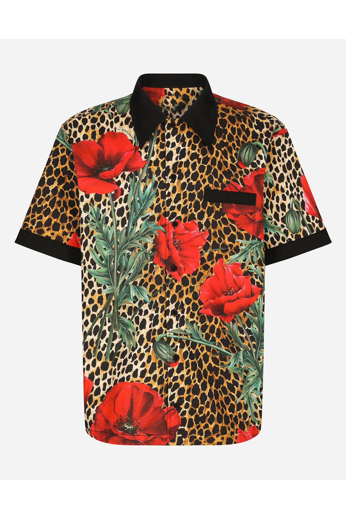 Erkek gömlek tasarım desenli gömlek leopar kırmızı çiçek