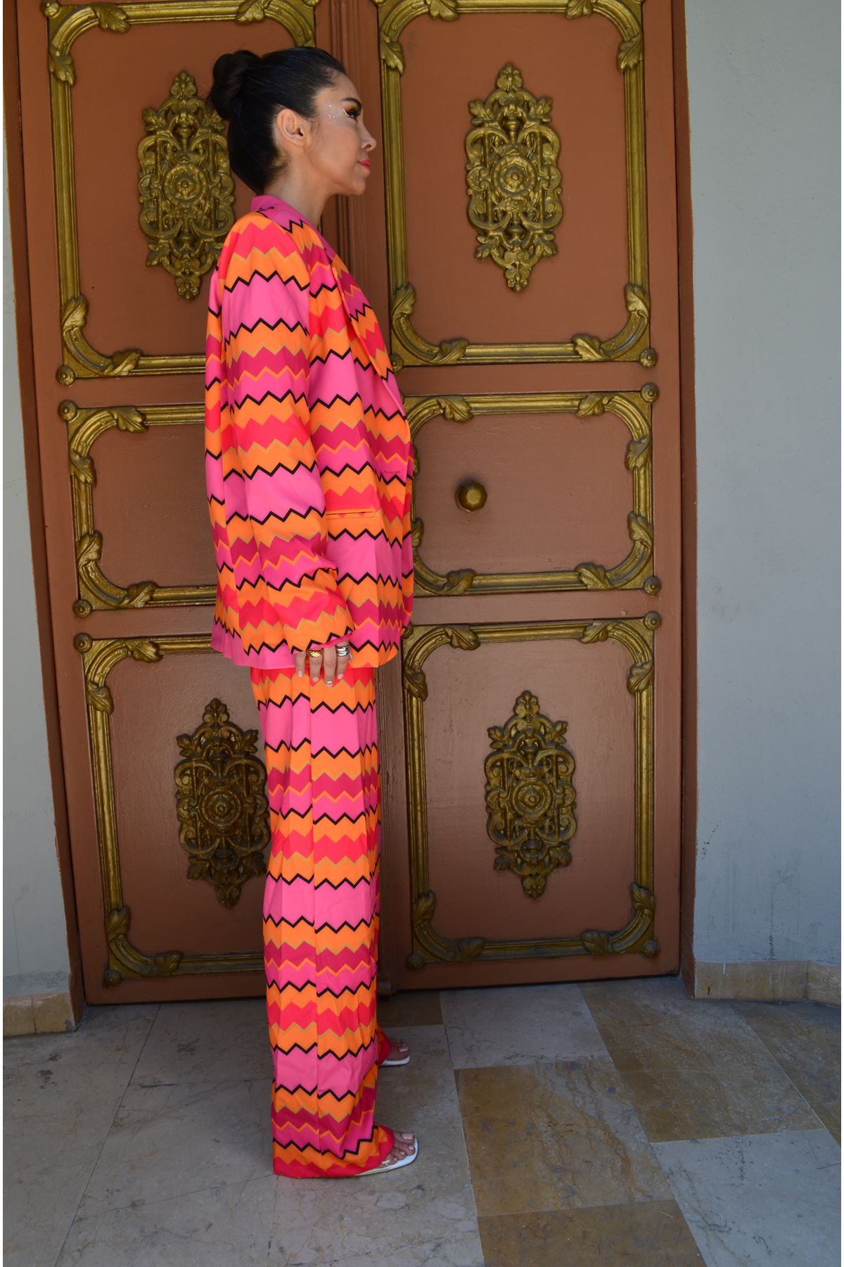 Takım elbise Unisex Desenli Palozzo CEKET VE PANTOLON 2 li set  Retro çizgili turuncu ve pembe