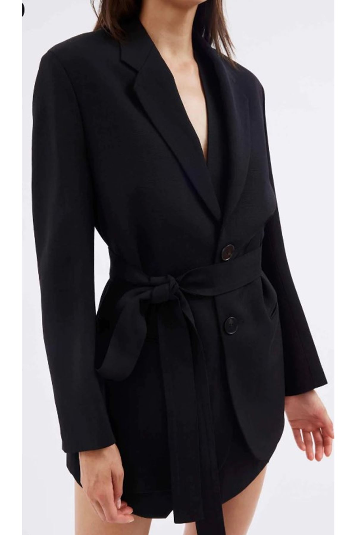 Ceket siyah düğmeli kuşaklı cepli 