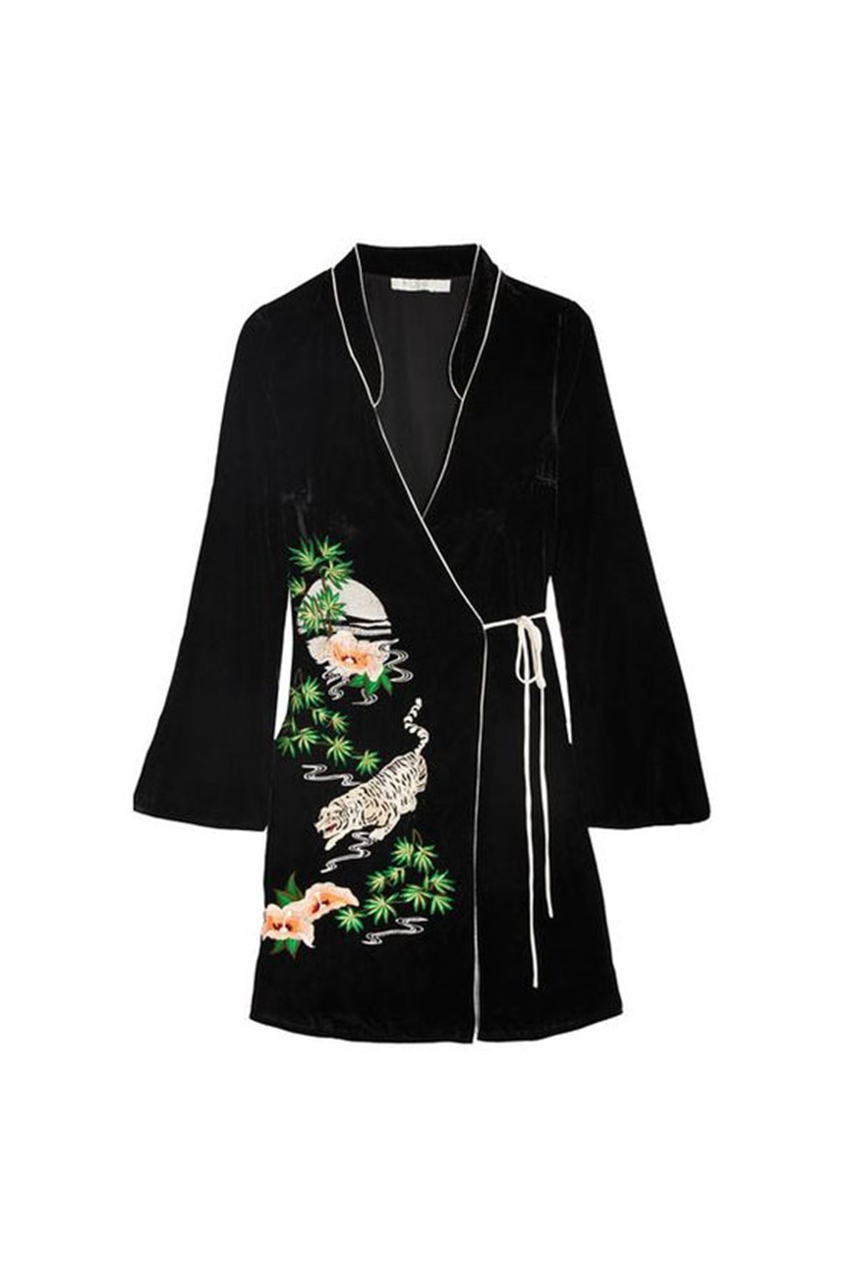 Kimono elbise japon siyah kadife baskı yesıl