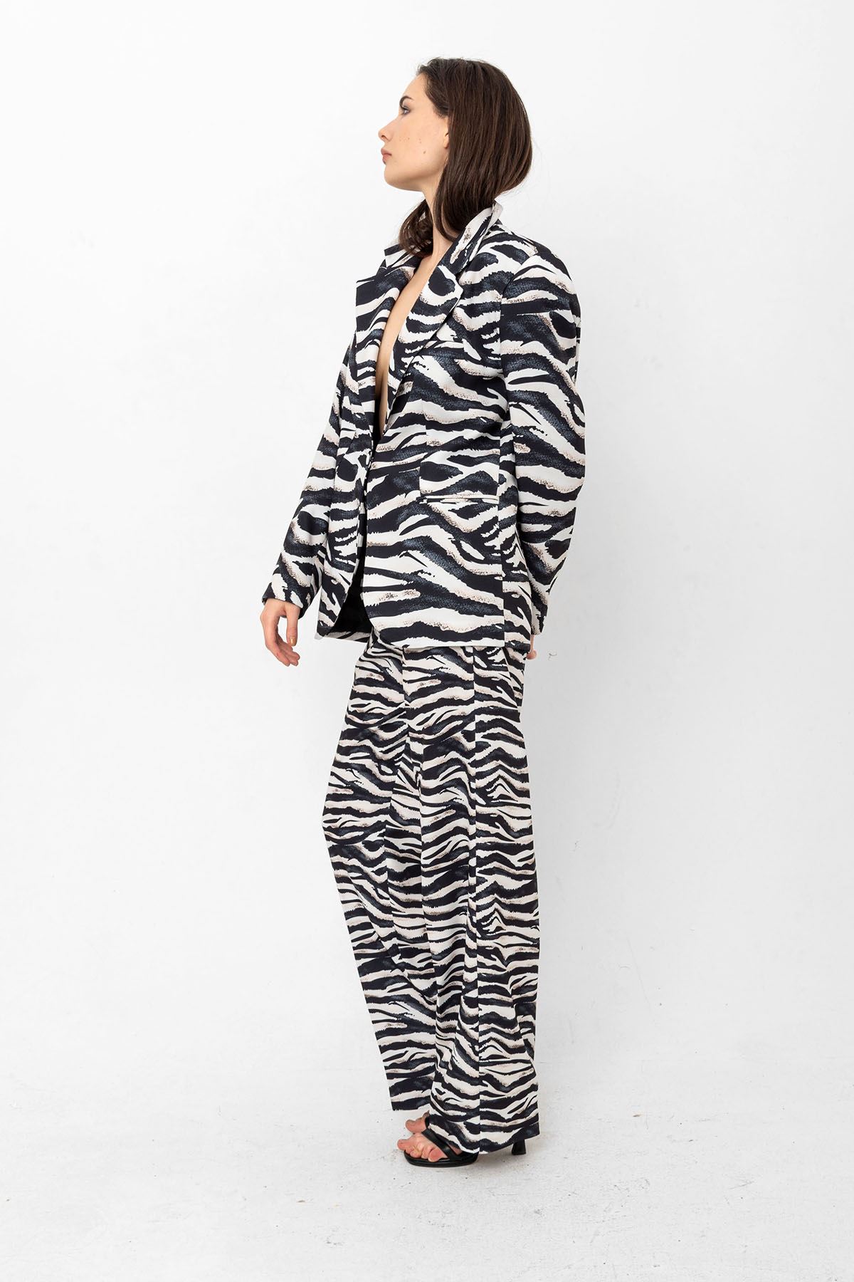 Desenli zebra ikili set takım elbise koyu takım