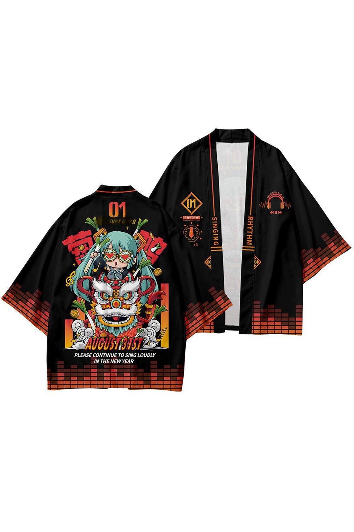 Japon Kadın/Erkek/Unisex/Oversize Siyah/Bej/Kırmızı Kimono-Siyah 1013