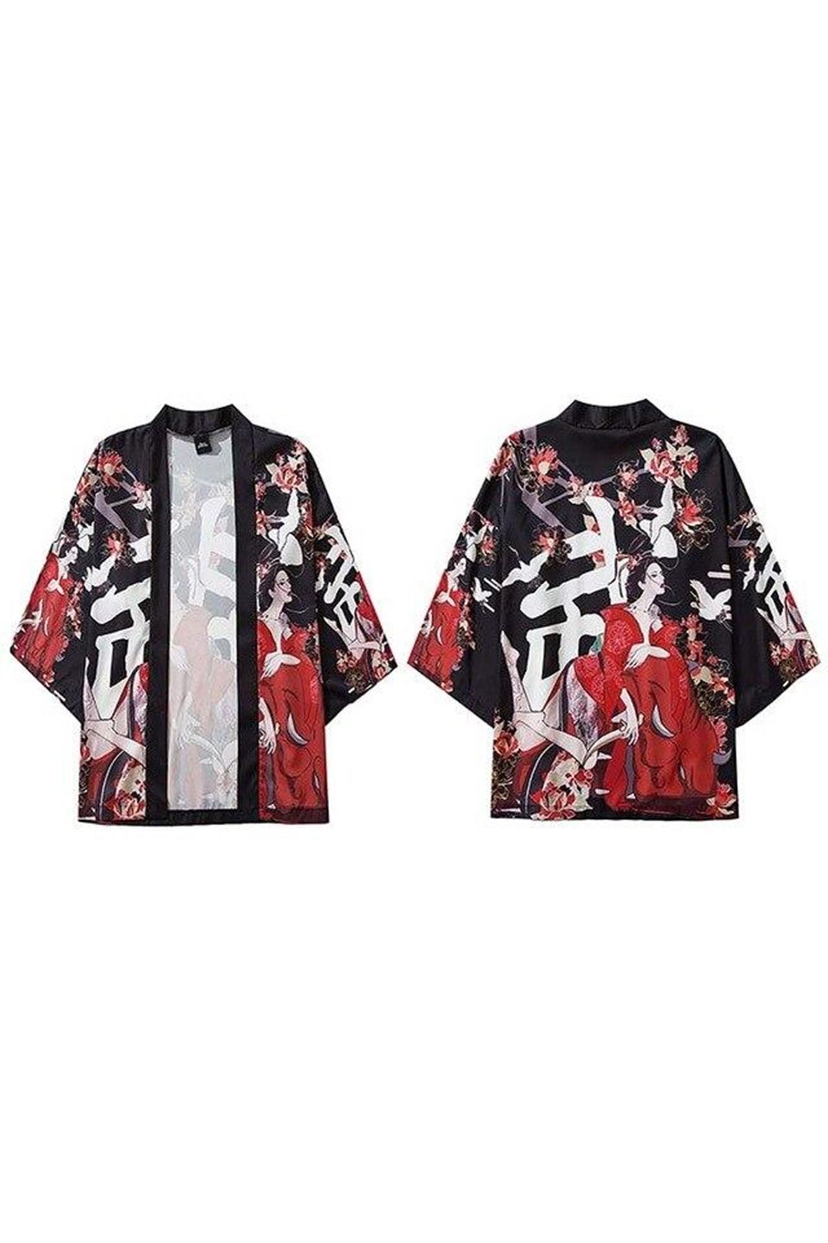Japon Kadın/Erkek/Unisex/Oversize Siyah/Bej/Kırmızı Kimono-Siyah 1017