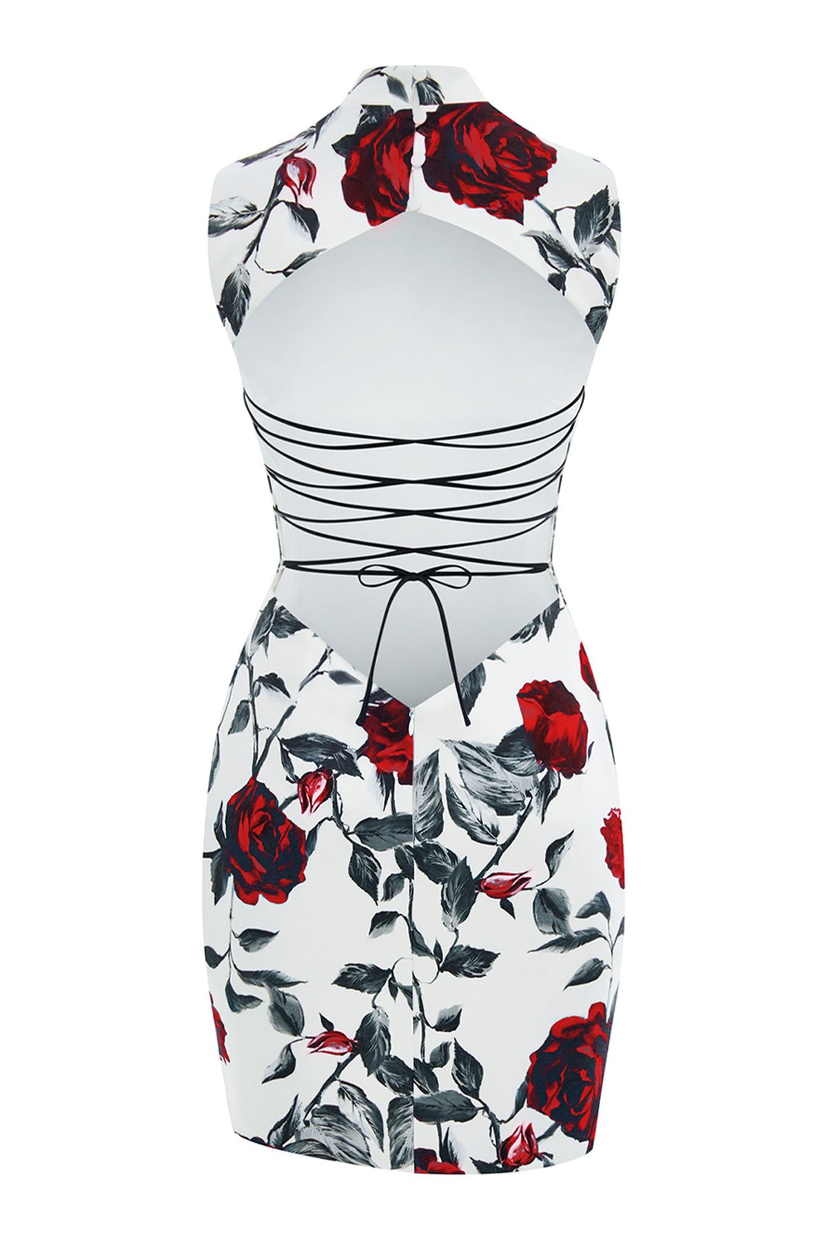 Desenli elbise mini boy yırtmaçlı elbise özel tasarım likralı kırmızı gül çiçekli 10097896986