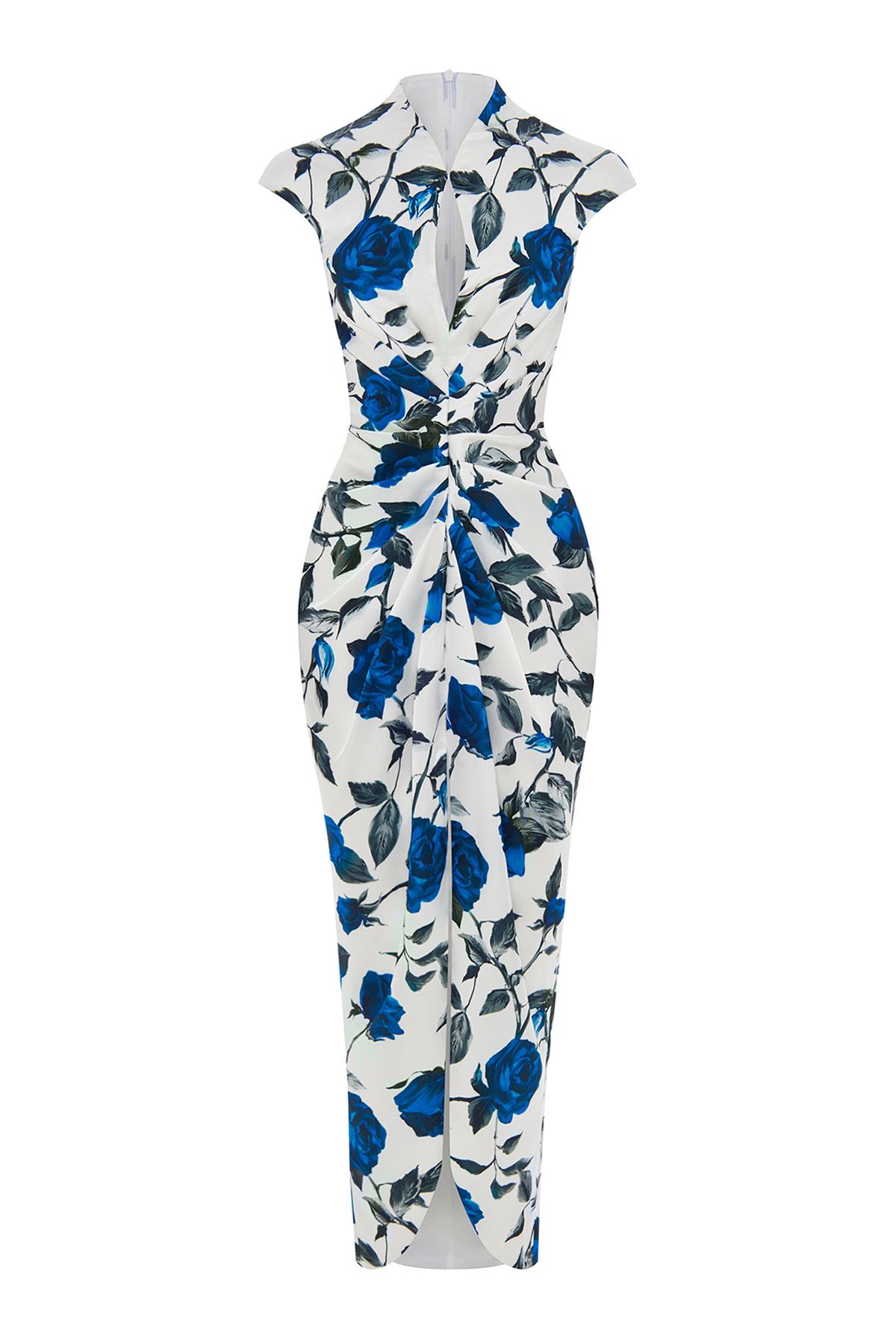Desenli elbise midi boy yırtmaçlı elbise özel tasarım likralı çiçekli 10096265899