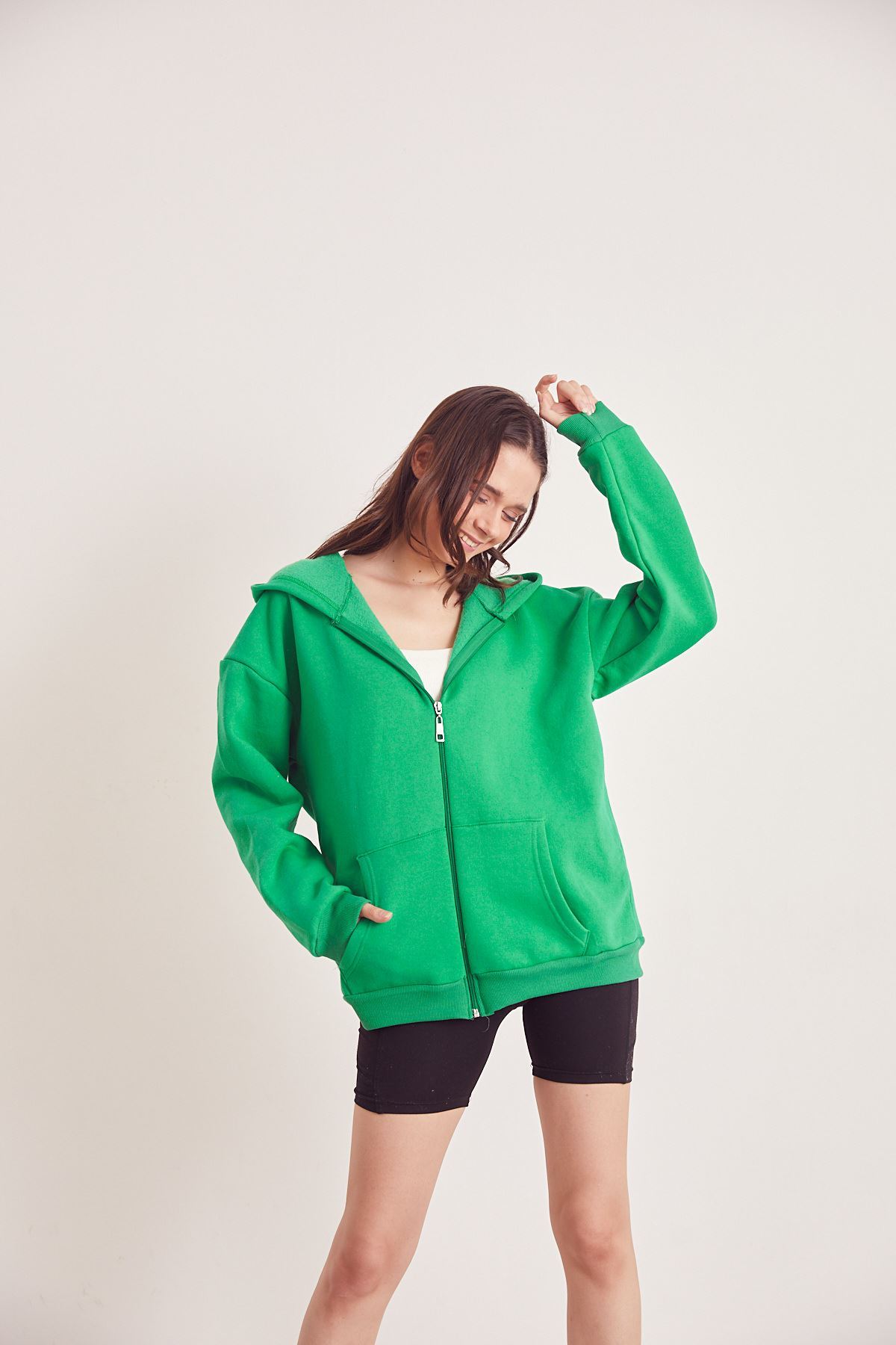 Ön Fermuarlı Kapşonlu Sweatshirt Hırka-Yeşil