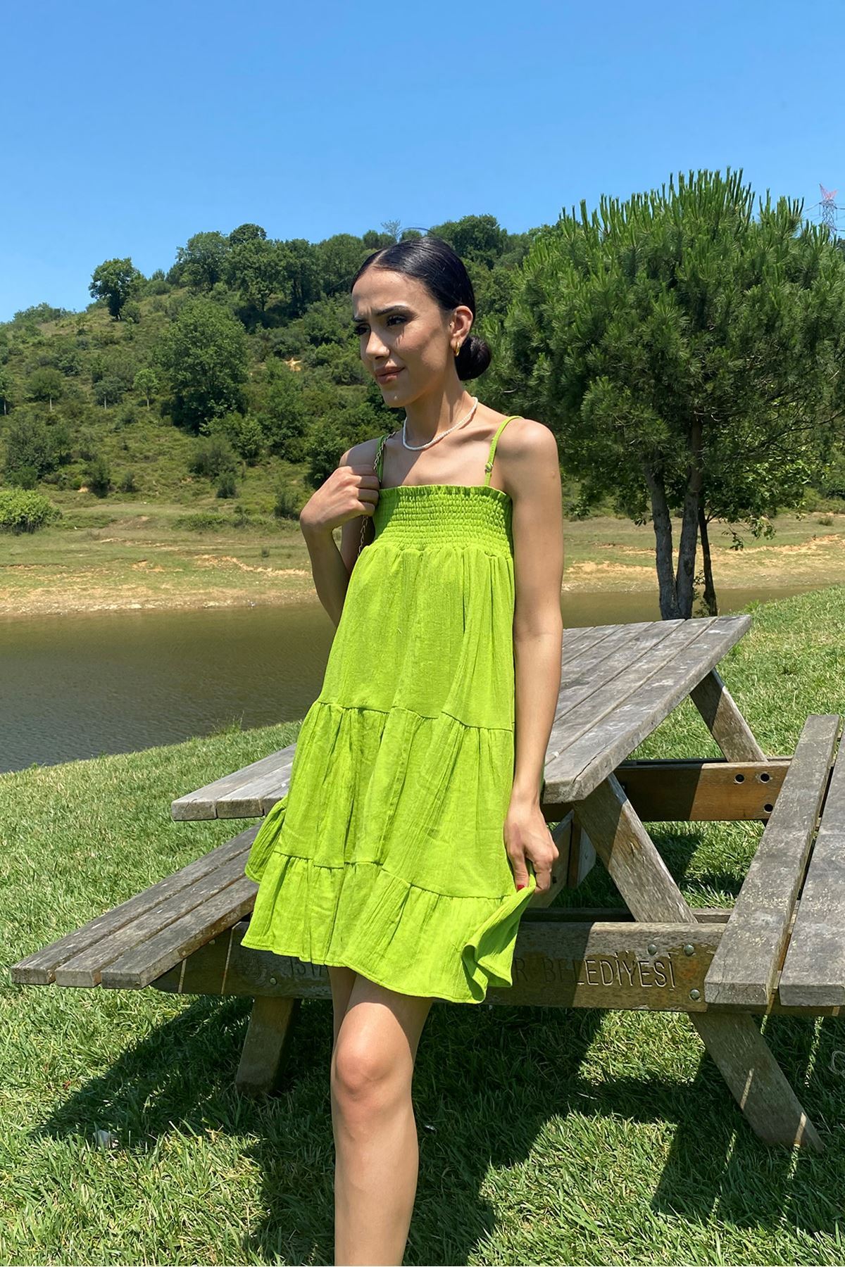 Gipeli Askılı Elbise-Yeşil