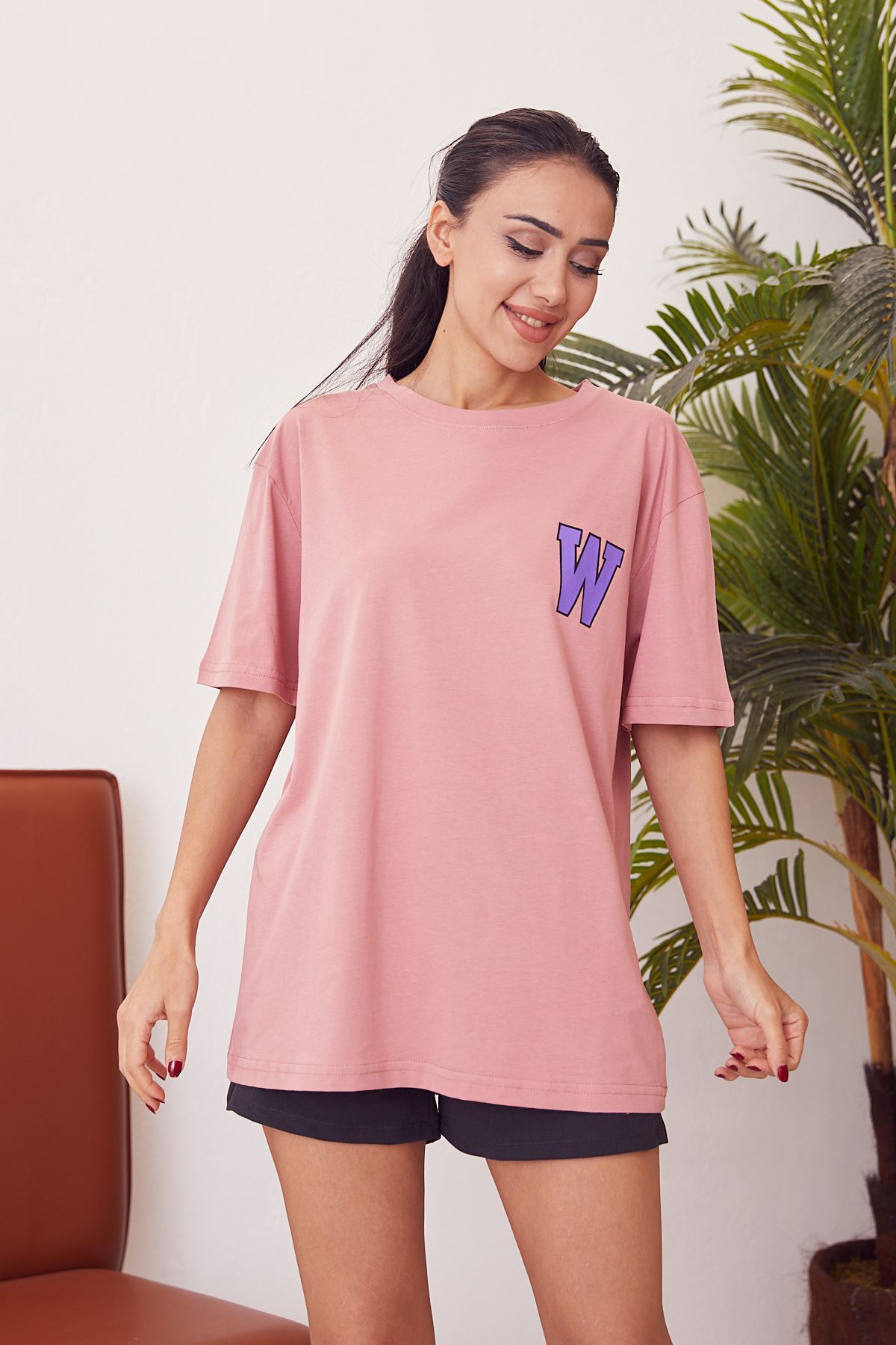 W Baskılı T-shirt-Gül Kurusu
