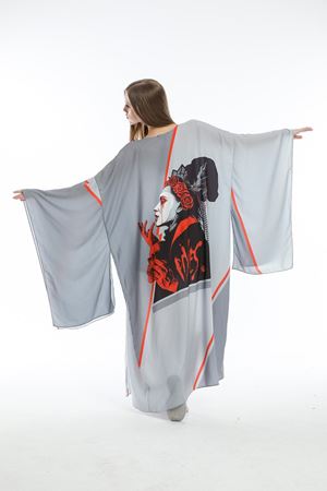 Japon Woman Kuru Kafa&Kırmızı Gül Arkası Swarovski Taş Dizayn Siyah/Gri/Kırmızı Özel Tasarım Kimono-Siyah/Gri/Kırmızı