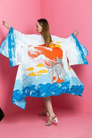 Dijital Baskılı Mavi Beyaz Deniz ve Balık Desenli Özel Tasarım Kimono-Mavi - Beyaz