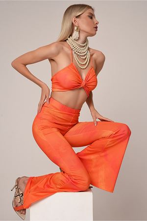Özel Tasarım Renkli Dijital Baskılı İspanyol Paça Pantolon Crop Takım-Oranj