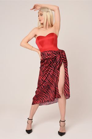 Bralet Zebra Desen Etekli Özel Tasarım Elbise-Kırmızı