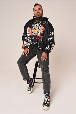 Erkek Kol Uçları ve Etek Uçları Ribanalı Oversize Sweatshirt-Siyah