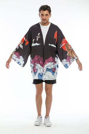 Deniz Esintili Kaplan Desenli Kimono-Siyah