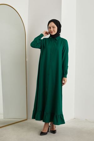 Önü Patlı Krep Elbise-Zümrüt Yeşili
