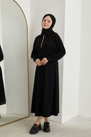 Yarasa Kol Fermuar Detay Burgu Elbise-Siyah