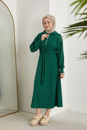 Yarasa Kol Fermuar Detay Burgu Elbise-Zümrüt Yeşili