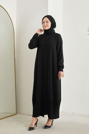 Eteği Pilise Detay Krep Elbise-Siyah